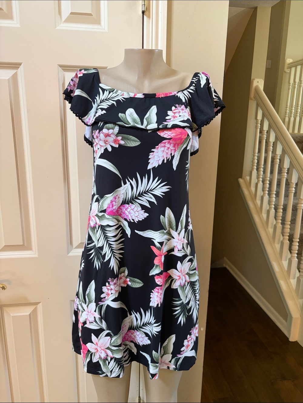 Tommy Bahama Black Floral Off-Shoulder Dress with Pink & Green Print, med